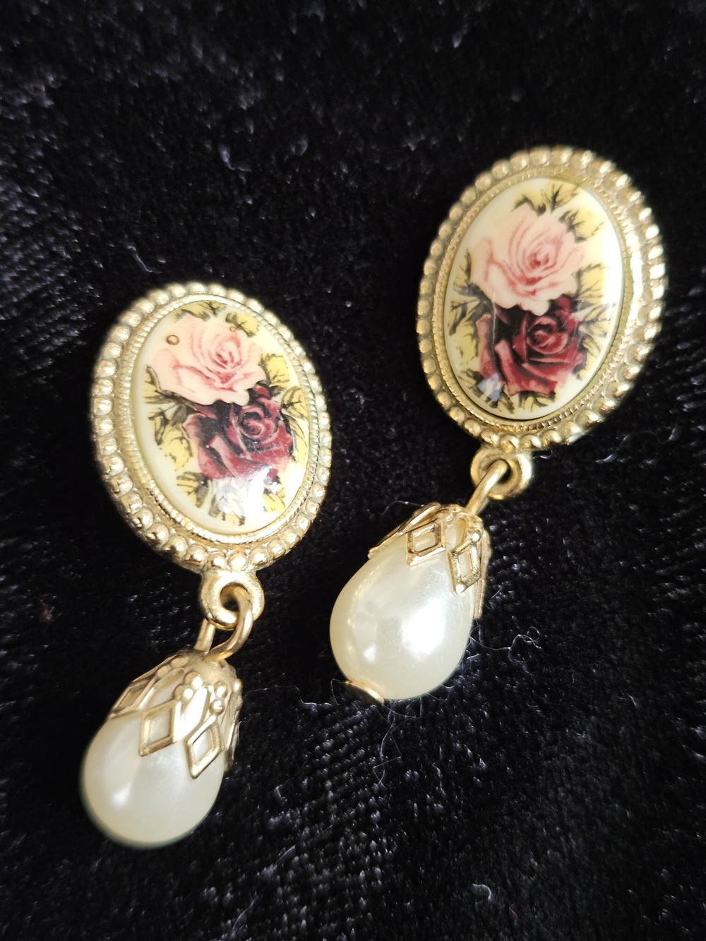 1928 Gold-Tone Floral Drop Earrings with Pink and Red Roses